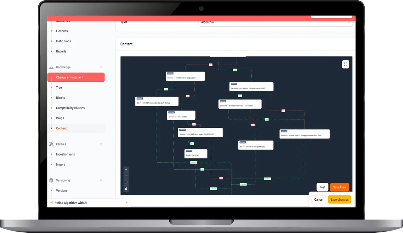 Paratus protocol editor on a laptop, showing a decision-tree algorithm